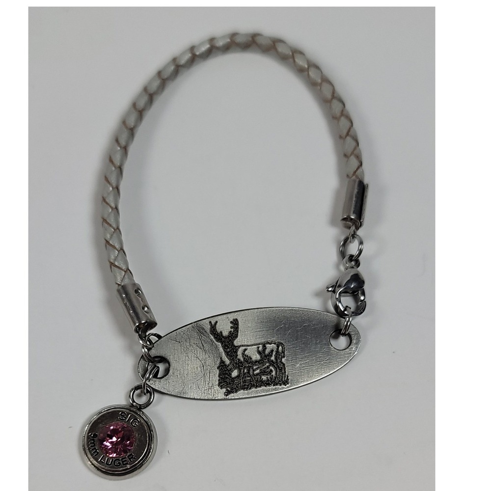 SIG 9mm Luger Bullet Casing Pink Crystal Buck Deer Braided Leather Bracelet